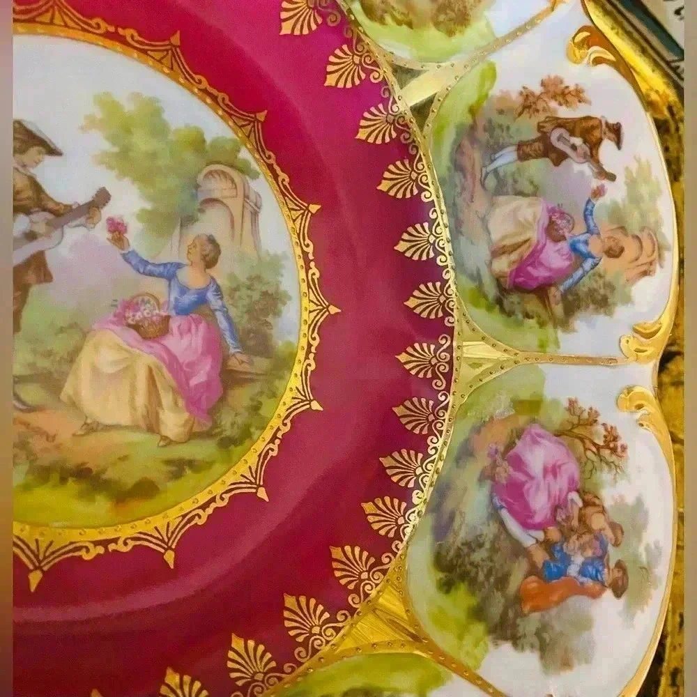 Vintage STW Bavaria 10” Raised Serving Bowl Courting Couples Porcelain Serveware